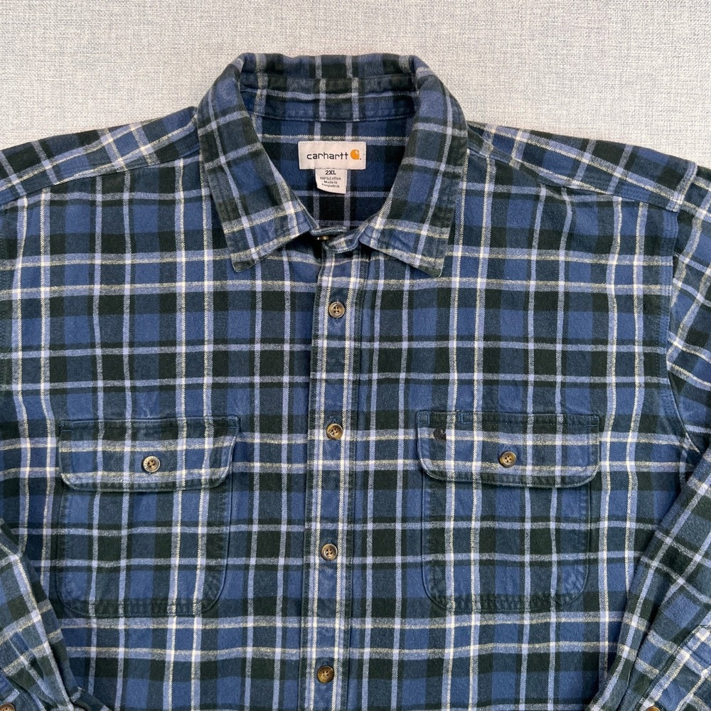 Carhartt Hubbard Plaid Flannel Shirt Men 2XL Blue Cotton Workwear Utility Heavy